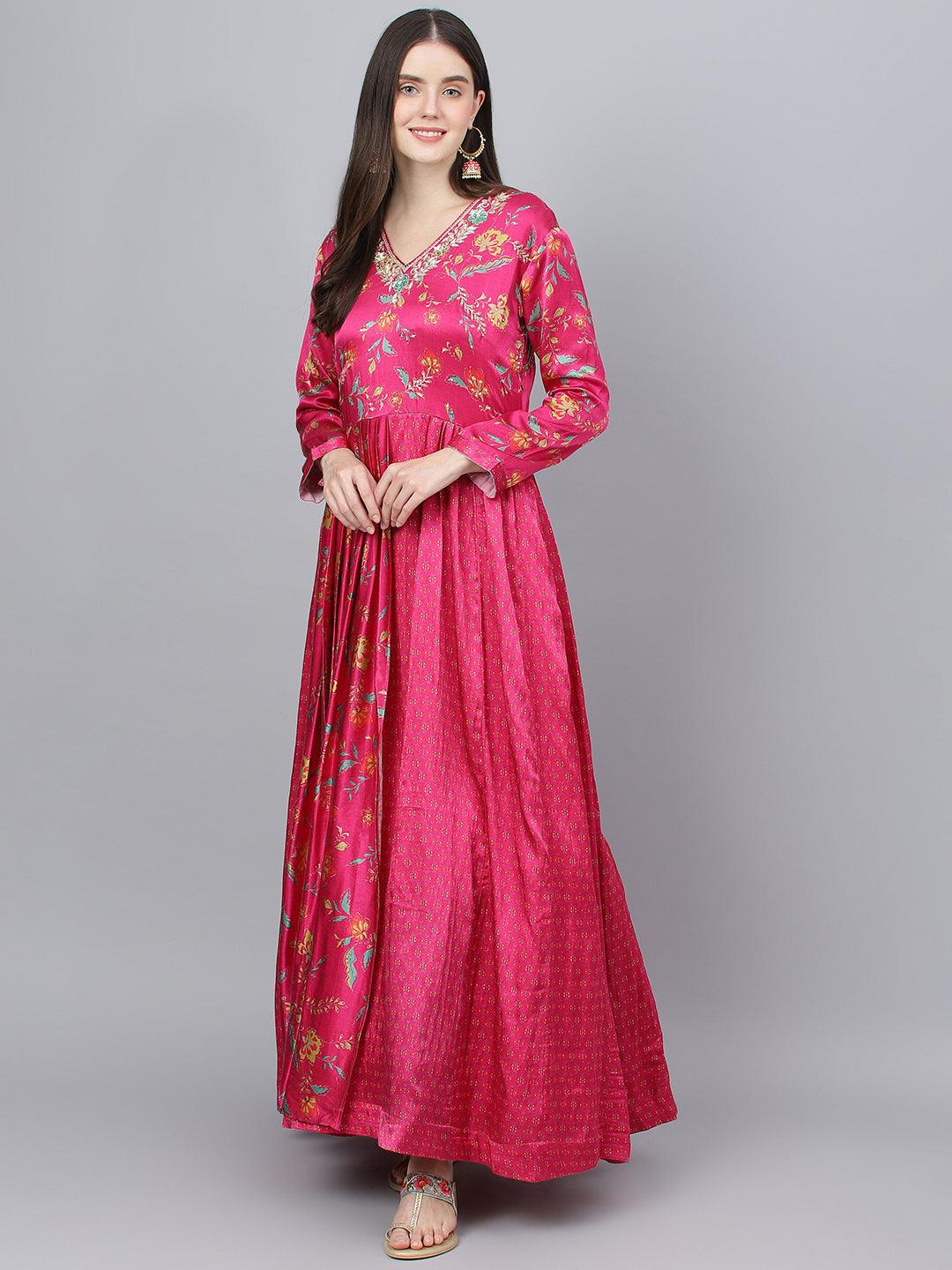Pink Floral Printed Gaji Silk Flared Gown | LASVINI - Redefining Indian Fashion with Elegance
