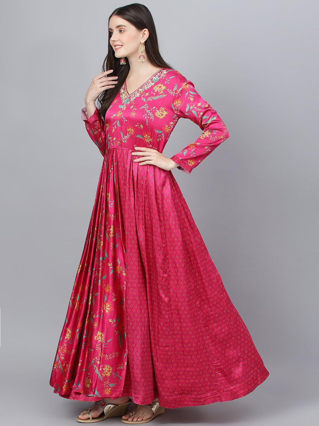 Pink Floral Printed Gaji Silk Flared Gown | LASVINI - Redefining Indian Fashion with Elegance