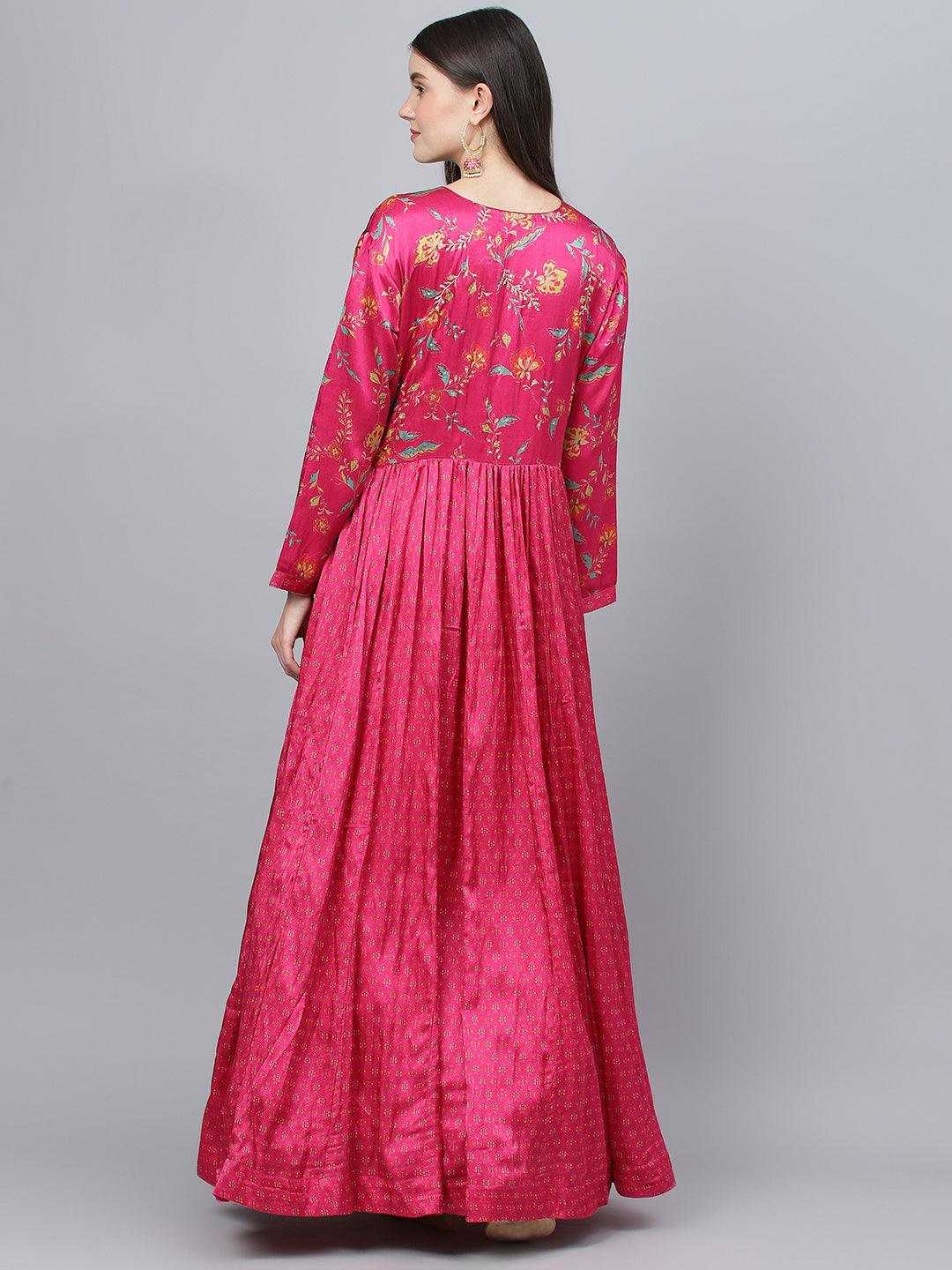Pink Floral Printed Gaji Silk Flared Gown | LASVINI - Redefining Indian Fashion with Elegance