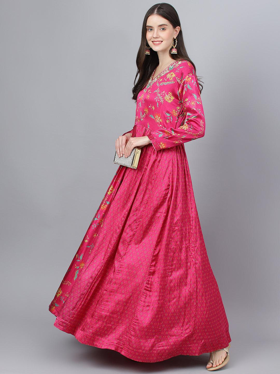 Pink Floral Printed Gaji Silk Flared Gown | LASVINI - Redefining Indian Fashion with Elegance