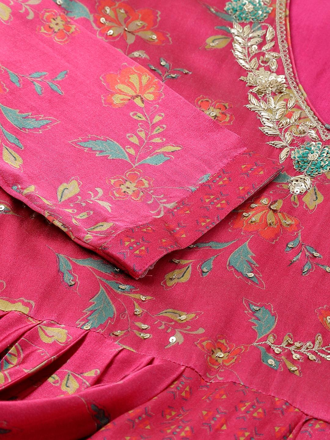 Pink Floral Printed Gaji Silk Flared Gown | LASVINI - Redefining Indian Fashion with Elegance