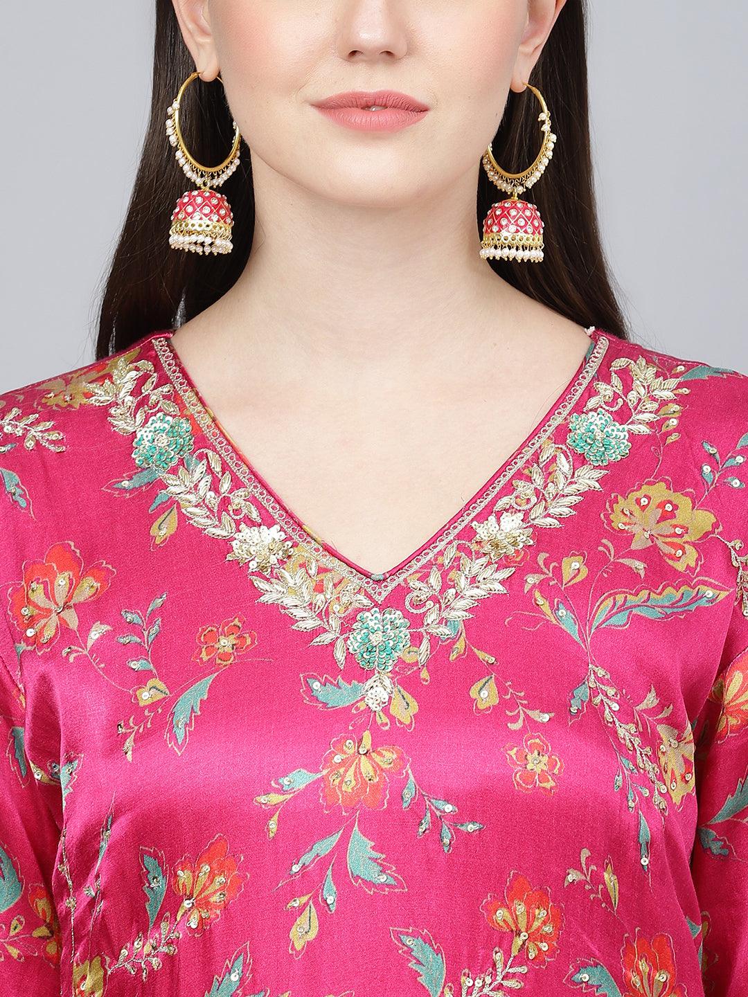 Pink Floral Printed Gaji Silk Flared Gown | LASVINI - Redefining Indian Fashion with Elegance