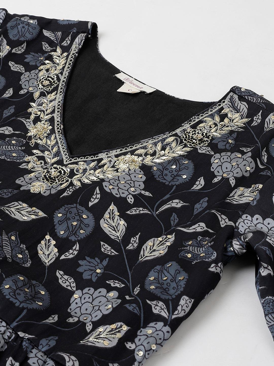 Black Floral Printed Gaji Silk Flared Gown | LASVINI - Redefining Indian Fashion with Elegance