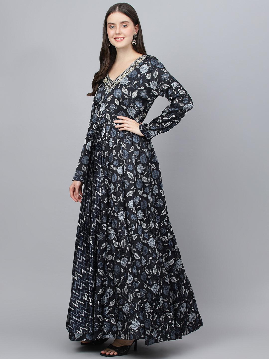 Black Floral Printed Gaji Silk Flared Gown | LASVINI - Redefining Indian Fashion with Elegance