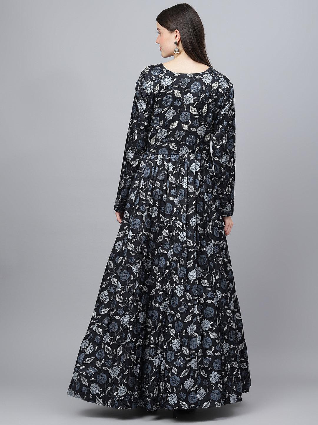 Black Floral Printed Gaji Silk Flared Gown | LASVINI - Redefining Indian Fashion with Elegance