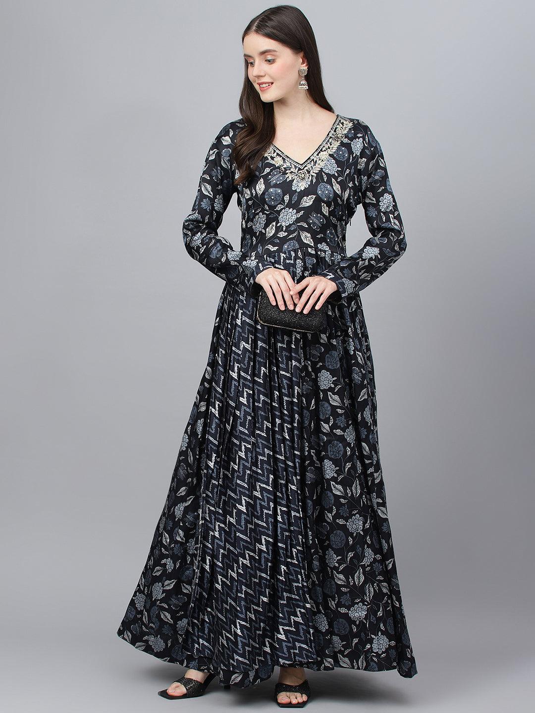 Black Floral Printed Gaji Silk Flared Gown | LASVINI - Redefining Indian Fashion with Elegance