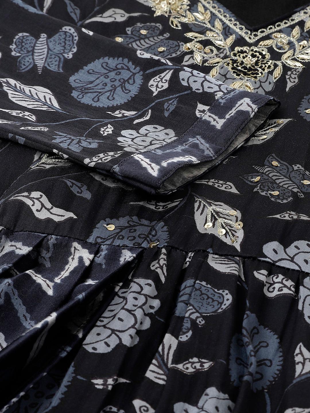 Black Floral Printed Gaji Silk Flared Gown | LASVINI - Redefining Indian Fashion with Elegance
