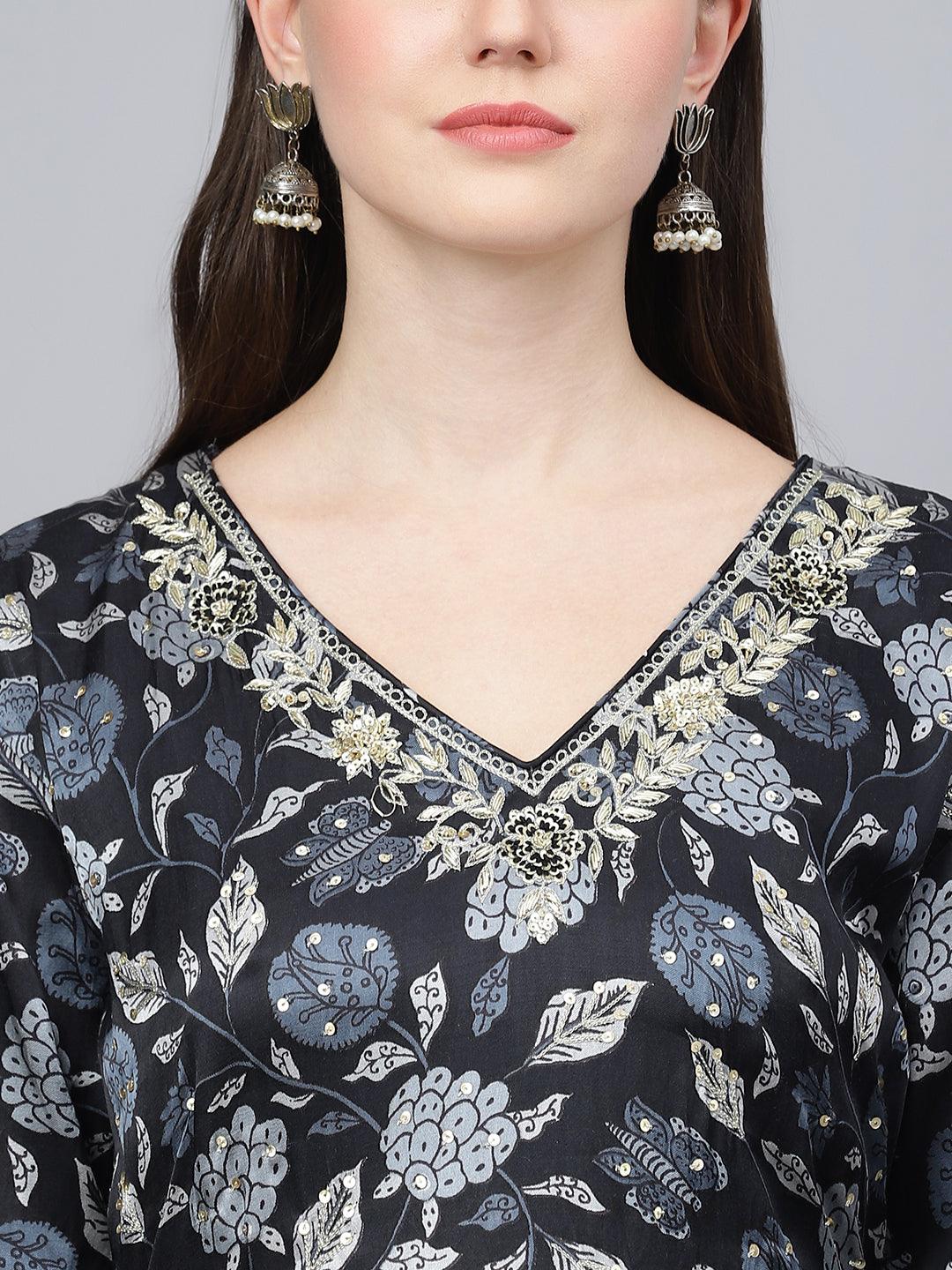 Black Floral Printed Gaji Silk Flared Gown | LASVINI - Redefining Indian Fashion with Elegance