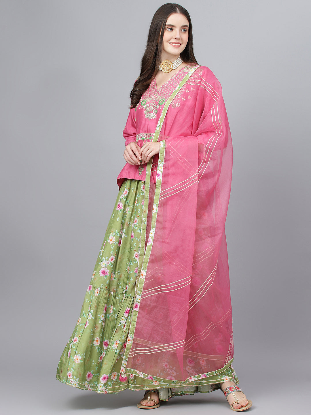 Women Pink And Green Russian Silk Flared Lehenga Choli Set With Organza Dupatta | LASVINI - Redefining Indian Fashion with Elegance