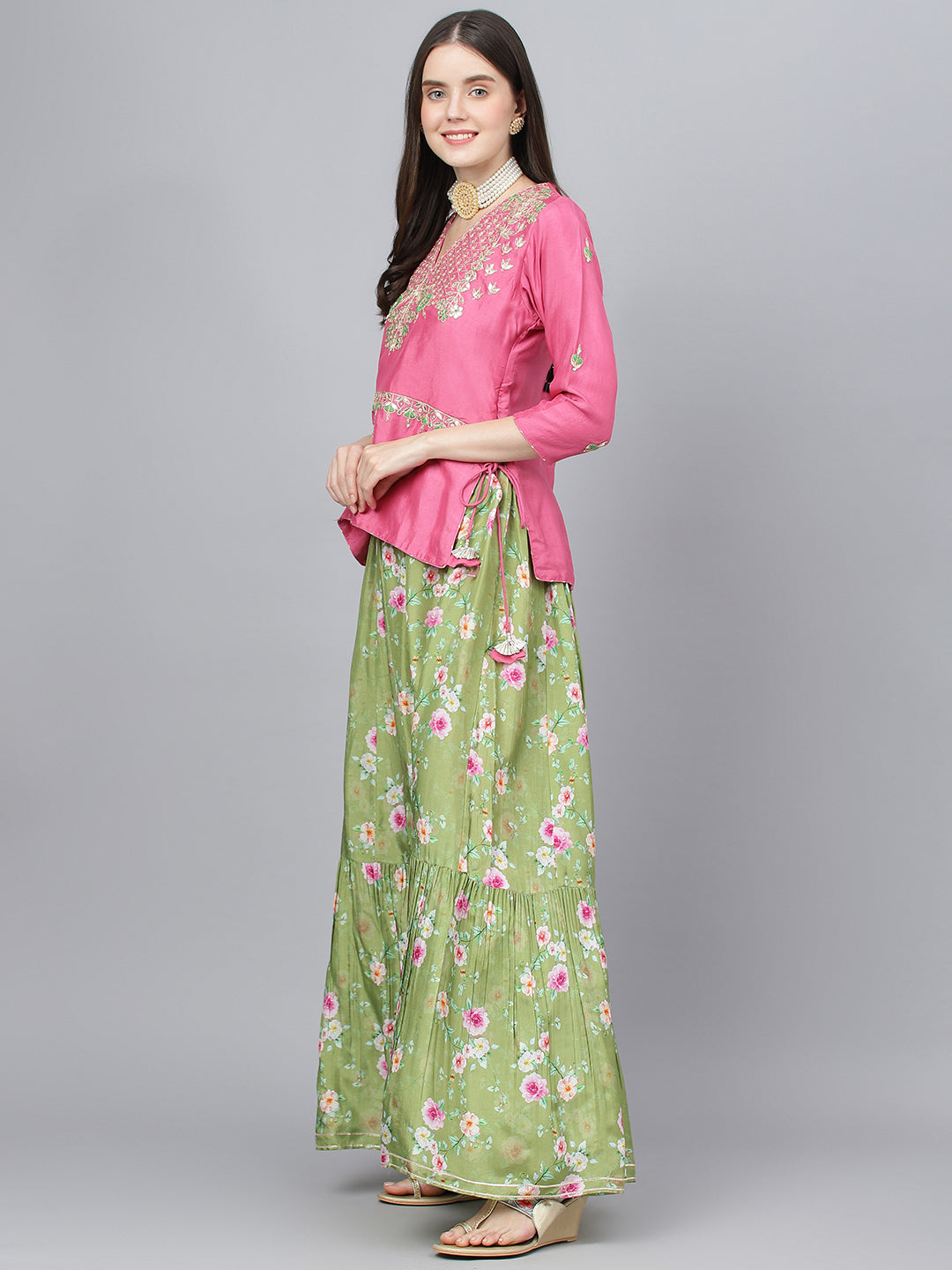 Women Pink And Green Russian Silk Flared Lehenga Choli Set With Organza Dupatta | LASVINI - Redefining Indian Fashion with Elegance