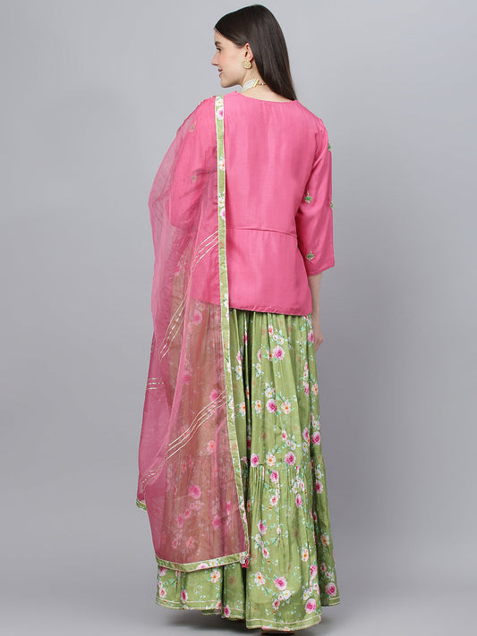 Women Pink And Green Russian Silk Flared Lehenga Choli Set With Organza Dupatta | LASVINI - Redefining Indian Fashion with Elegance