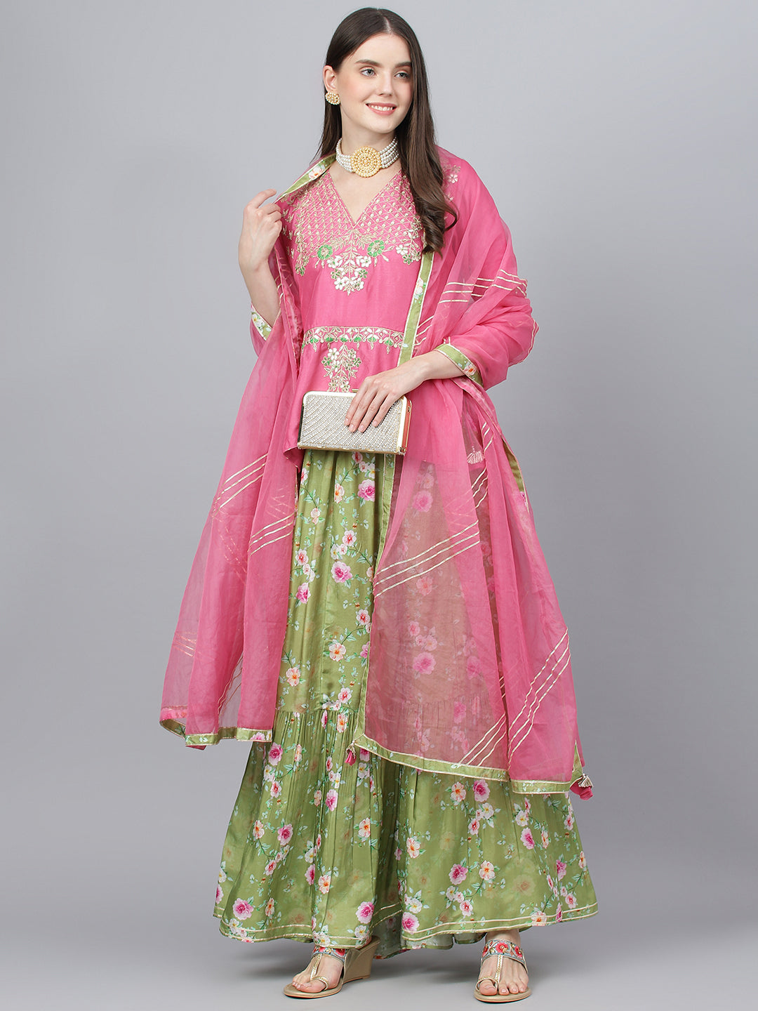 Women Pink And Green Russian Silk Flared Lehenga Choli Set With Organza Dupatta | LASVINI - Redefining Indian Fashion with Elegance