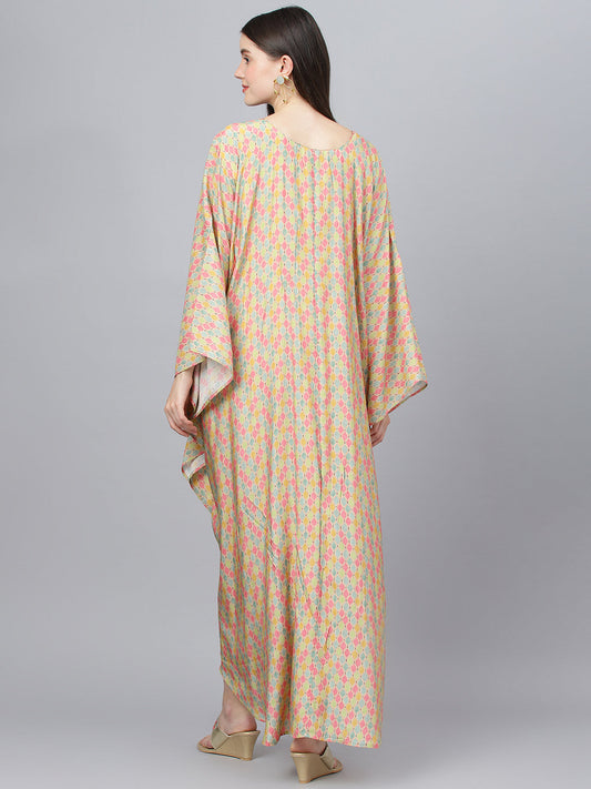 Women Multi Color Printed Muslin Flared Kaftan Dress | LASVINI - Redefining Indian Fashion with Elegance
