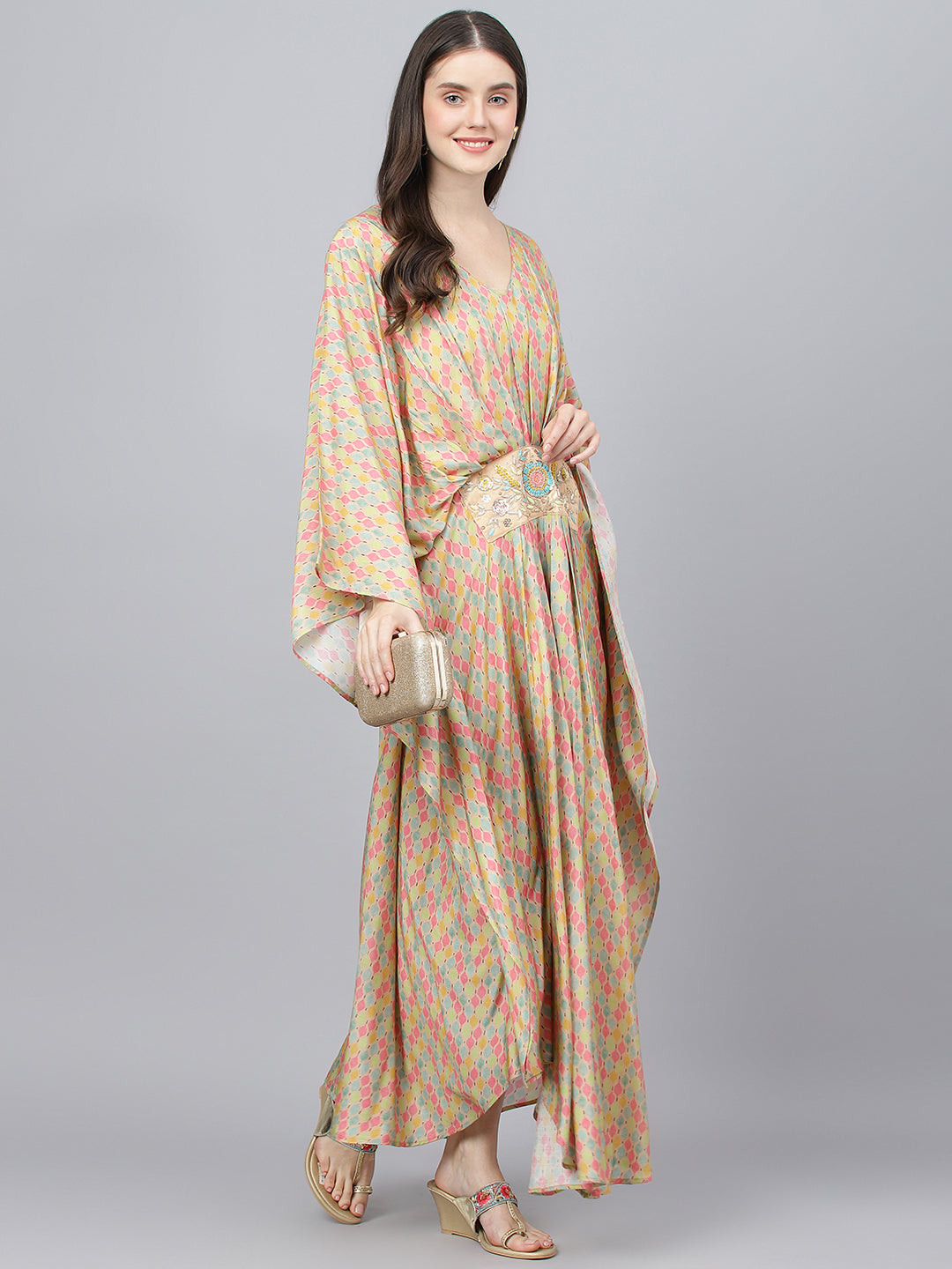 Women Multi Color Printed Muslin Flared Kaftan Dress | LASVINI - Redefining Indian Fashion with Elegance