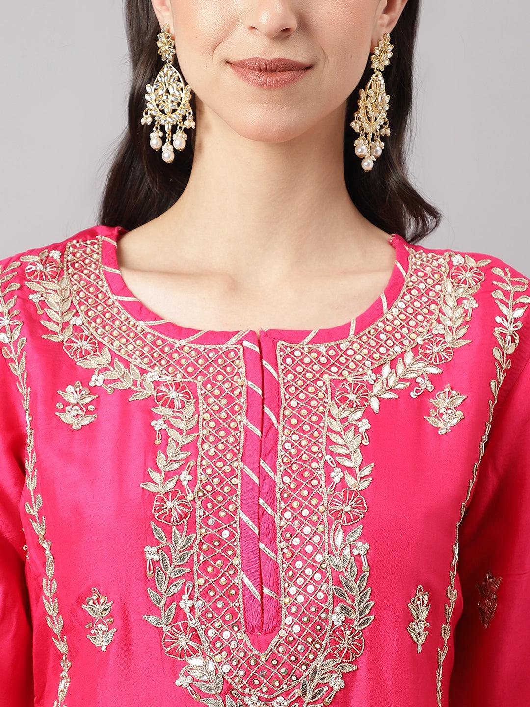 Pink Russian Silk Hand Embroidery Kurta Sharara With Organza Dupatta | LASVINI - Redefining Indian Fashion with Elegance