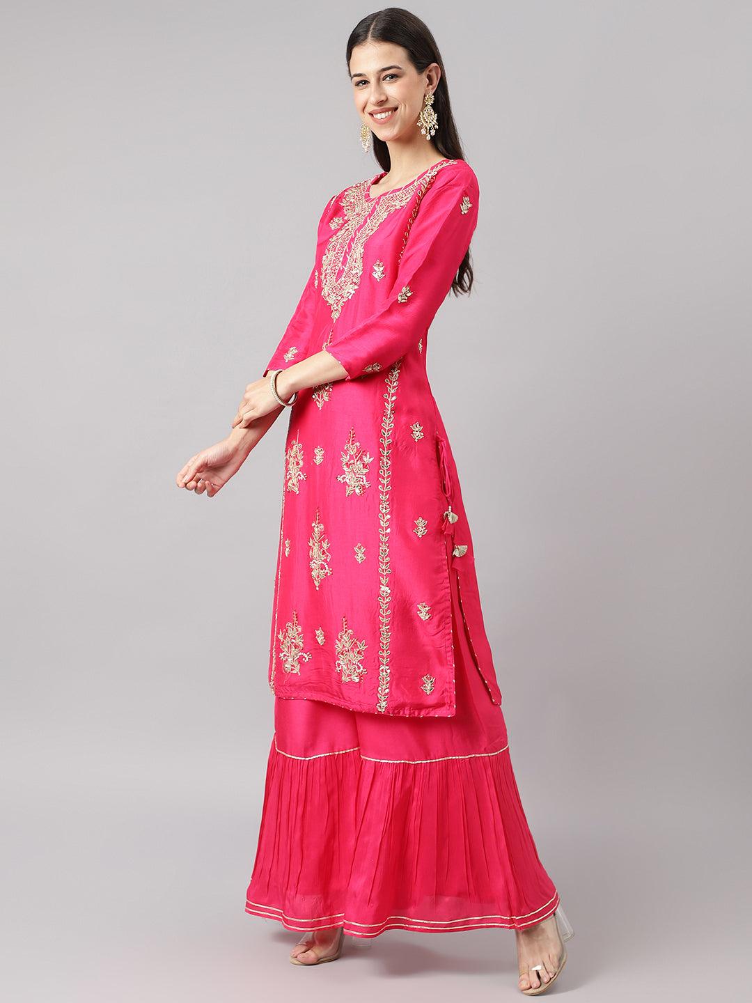 Pink Russian Silk Hand Embroidery Kurta Sharara With Organza Dupatta | LASVINI - Redefining Indian Fashion with Elegance