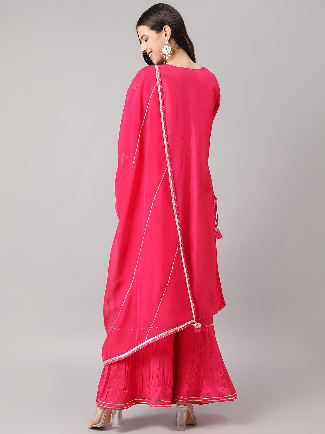 Pink Russian Silk Hand Embroidery Kurta Sharara With Organza Dupatta | LASVINI - Redefining Indian Fashion with Elegance