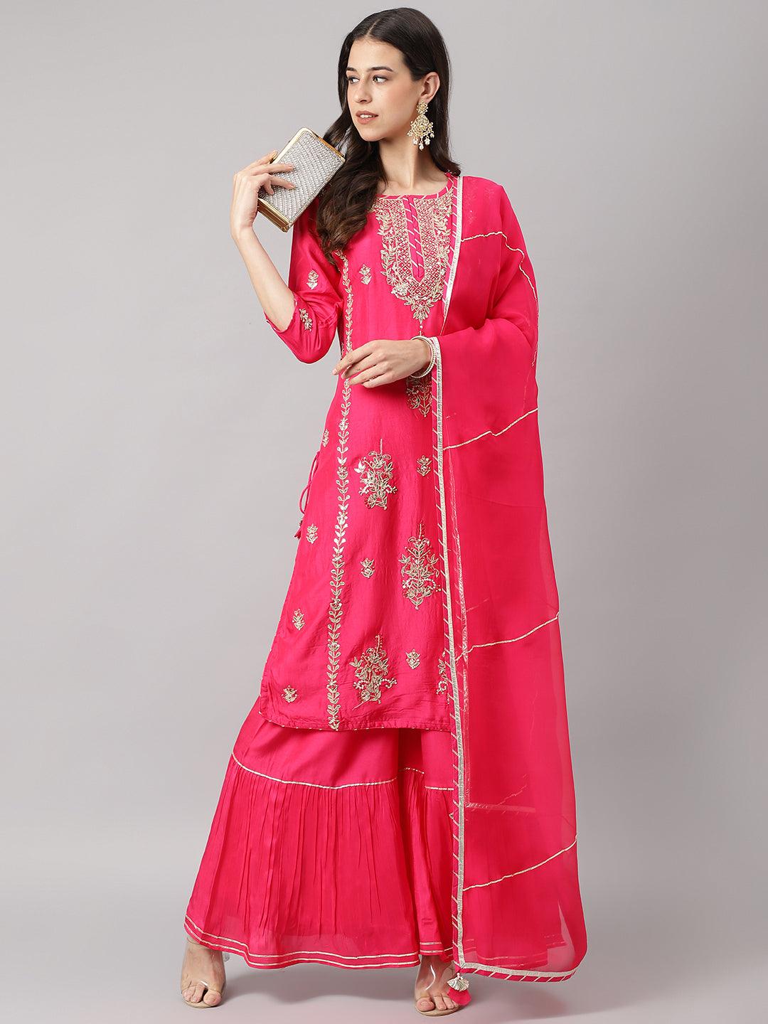 Pink Russian Silk Hand Embroidery Kurta Sharara With Organza Dupatta | LASVINI - Redefining Indian Fashion with Elegance
