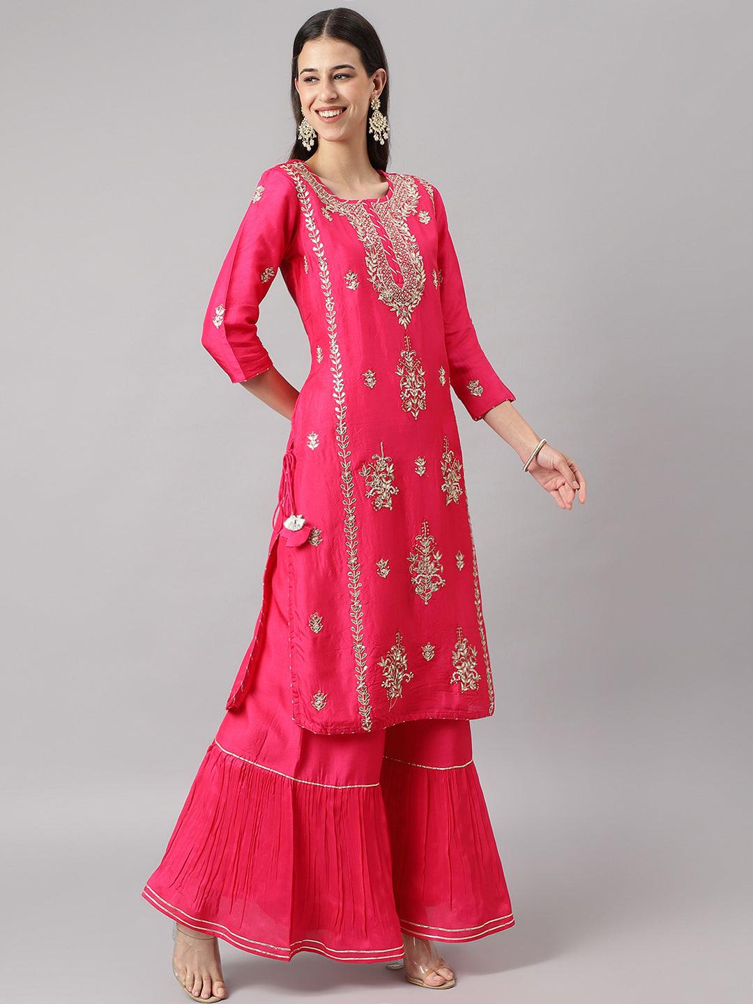 Pink Russian Silk Hand Embroidery Kurta Sharara With Organza Dupatta | LASVINI - Redefining Indian Fashion with Elegance