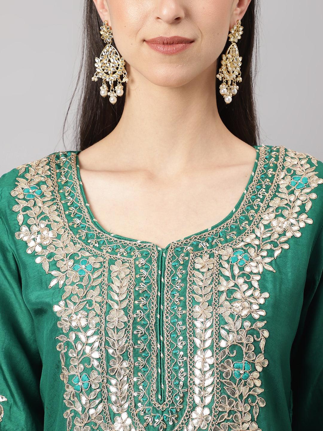 Green Uppada Silk Hand Embroidery Kurta Sharara With Organza Dupatta | LASVINI - Redefining Indian Fashion with Elegance