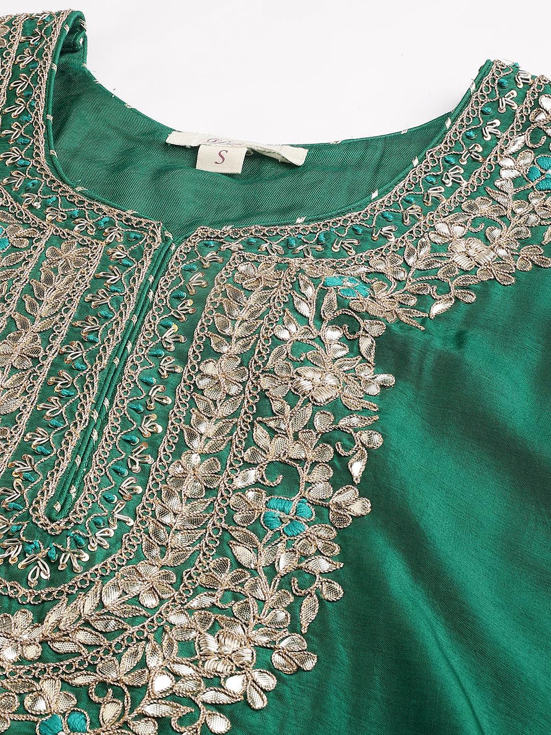 Green Uppada Silk Hand Embroidery Kurta Sharara With Organza Dupatta | LASVINI - Redefining Indian Fashion with Elegance