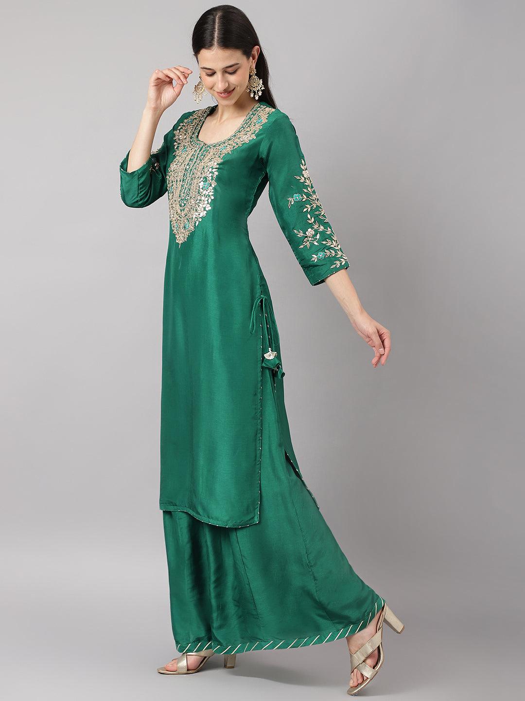 Green Uppada Silk Hand Embroidery Kurta Sharara With Organza Dupatta | LASVINI - Redefining Indian Fashion with Elegance