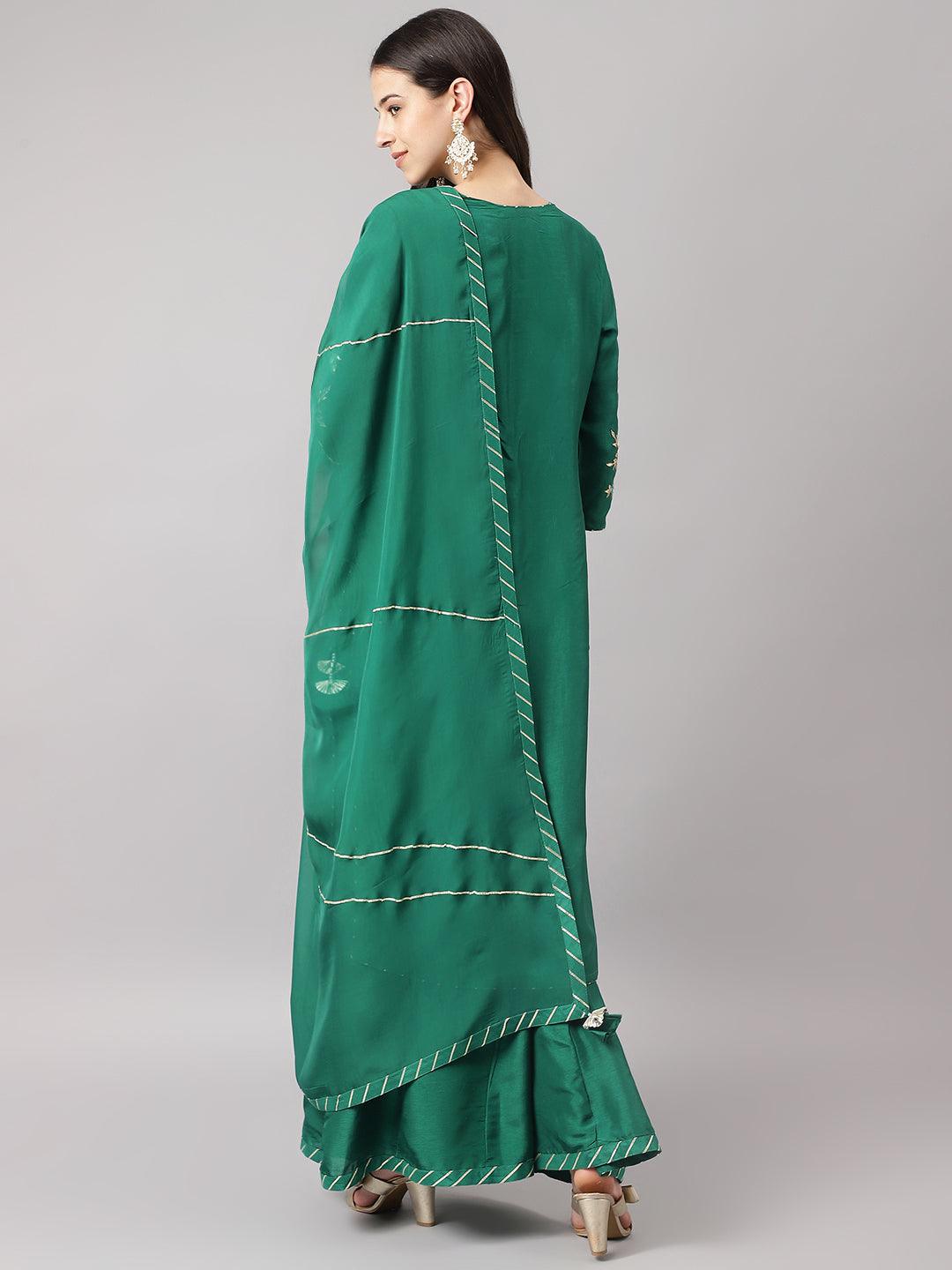 Green Uppada Silk Hand Embroidery Kurta Sharara With Organza Dupatta | LASVINI - Redefining Indian Fashion with Elegance
