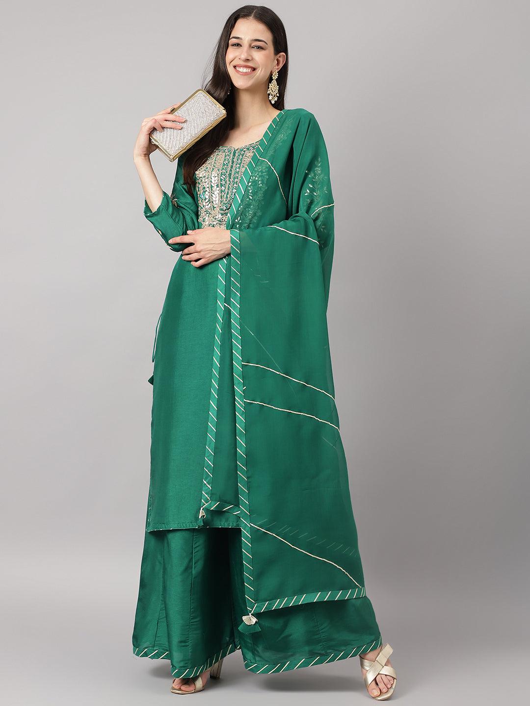 Green Uppada Silk Hand Embroidery Kurta Sharara With Organza Dupatta | LASVINI - Redefining Indian Fashion with Elegance