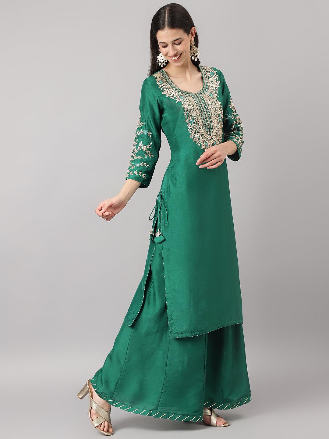 Green Uppada Silk Hand Embroidery Kurta Sharara With Organza Dupatta | LASVINI - Redefining Indian Fashion with Elegance