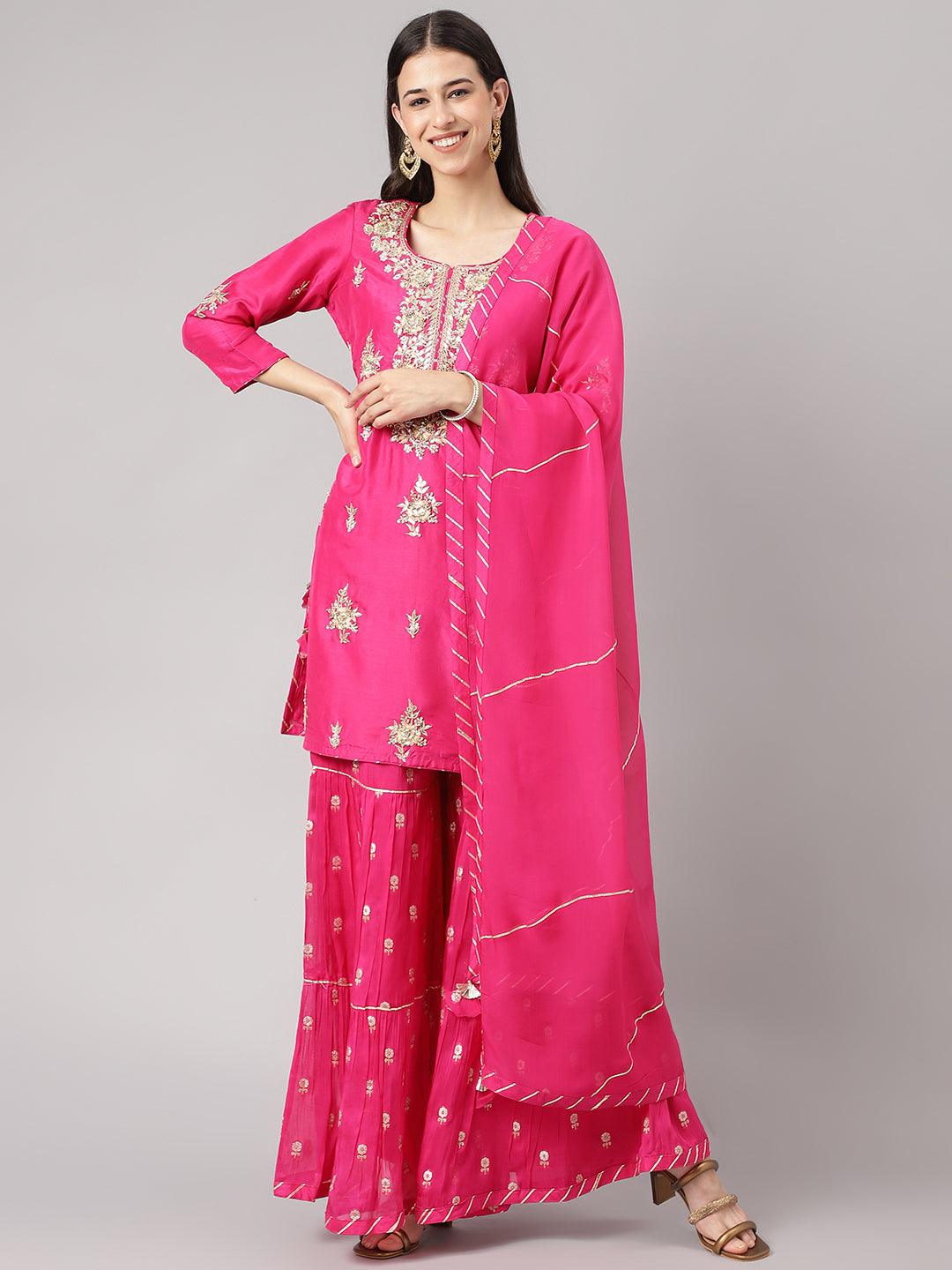 Dark Pink Russian Silk Hand Embroidery Kurta Sharara With Organza Dupatta | LASVINI - Redefining Indian Fashion with Elegance