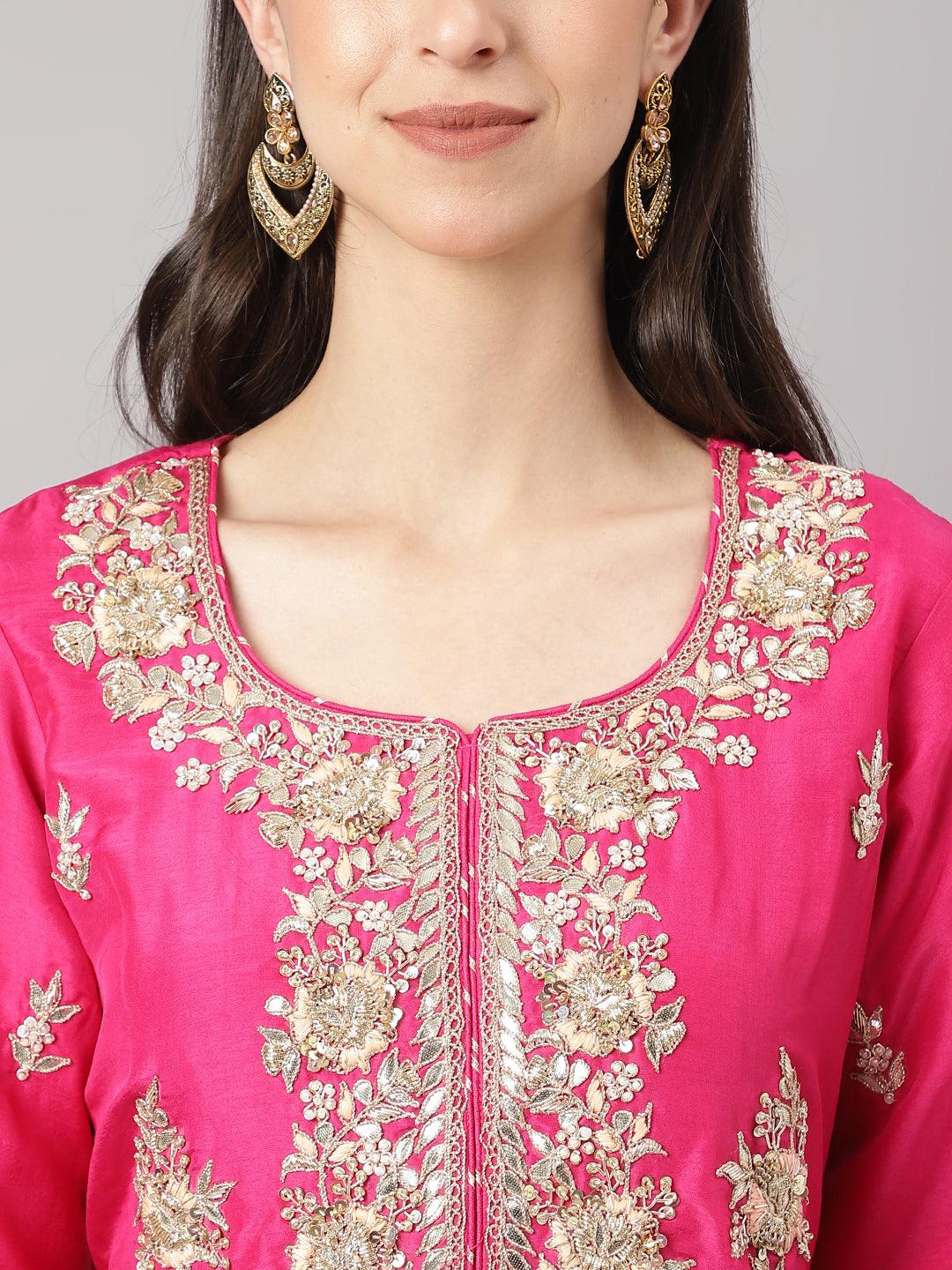 Dark Pink Russian Silk Hand Embroidery Kurta Sharara With Organza Dupatta | LASVINI - Redefining Indian Fashion with Elegance