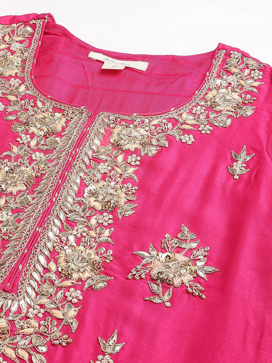 Dark Pink Russian Silk Hand Embroidery Kurta Sharara With Organza Dupatta | LASVINI - Redefining Indian Fashion with Elegance