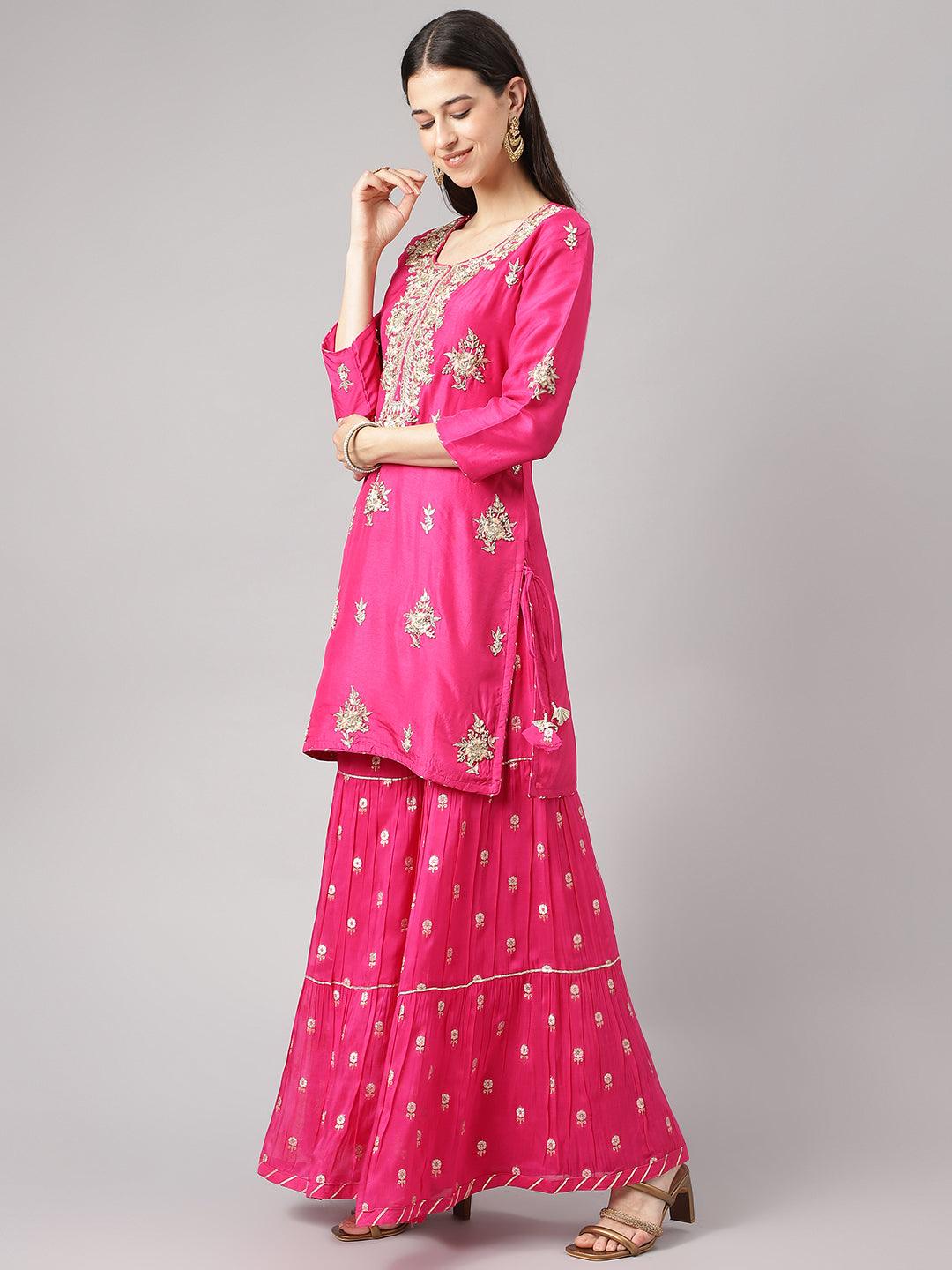 Dark Pink Russian Silk Hand Embroidery Kurta Sharara With Organza Dupatta | LASVINI - Redefining Indian Fashion with Elegance
