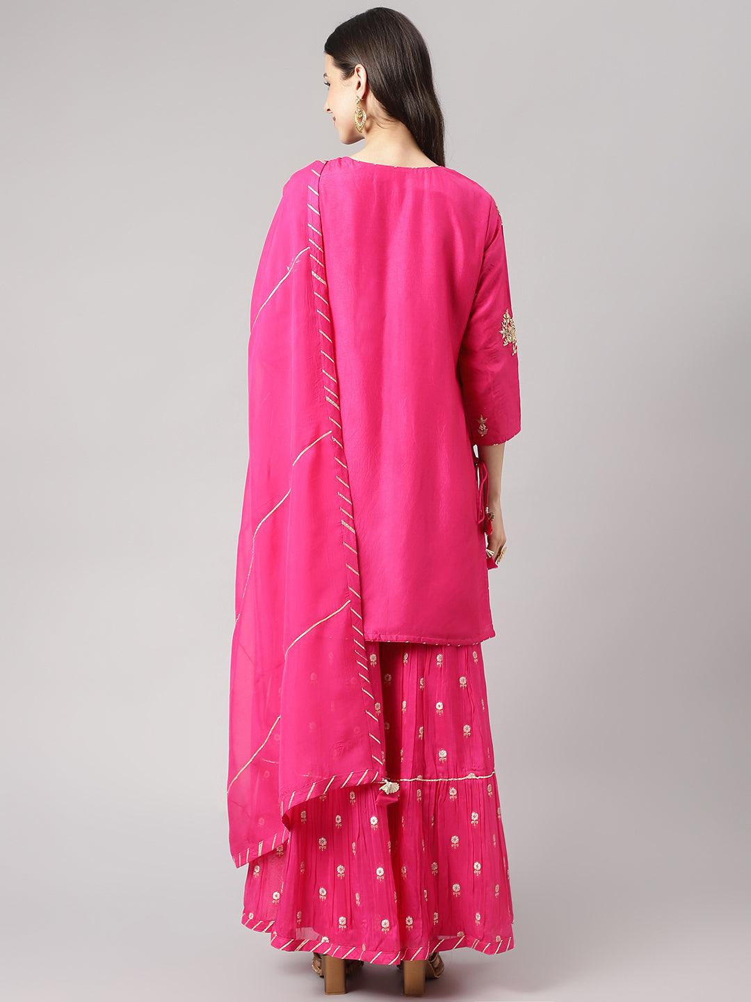 Dark Pink Russian Silk Hand Embroidery Kurta Sharara With Organza Dupatta | LASVINI - Redefining Indian Fashion with Elegance