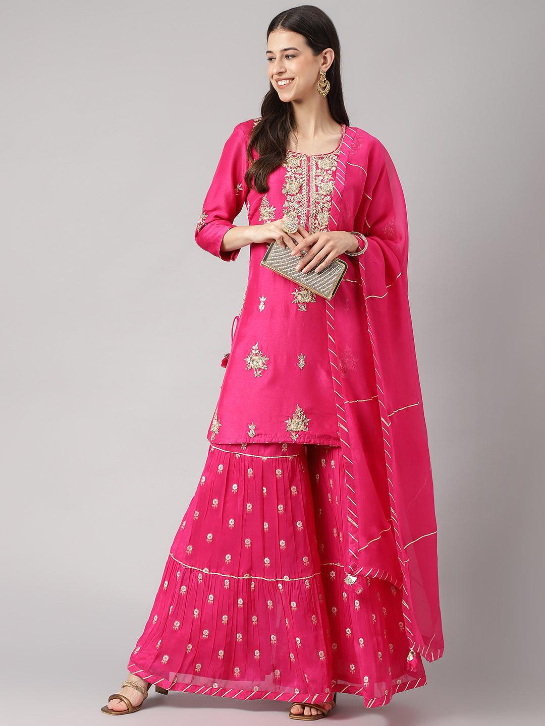 Dark Pink Russian Silk Hand Embroidery Kurta Sharara With Organza Dupatta | LASVINI - Redefining Indian Fashion with Elegance