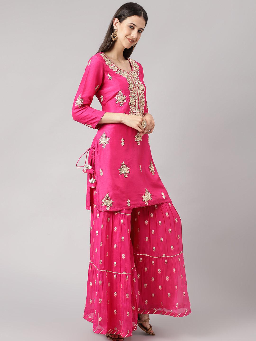 Dark Pink Russian Silk Hand Embroidery Kurta Sharara With Organza Dupatta | LASVINI - Redefining Indian Fashion with Elegance