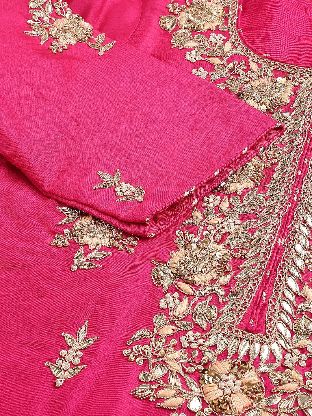 Dark Pink Russian Silk Hand Embroidery Kurta Sharara With Organza Dupatta | LASVINI - Redefining Indian Fashion with Elegance