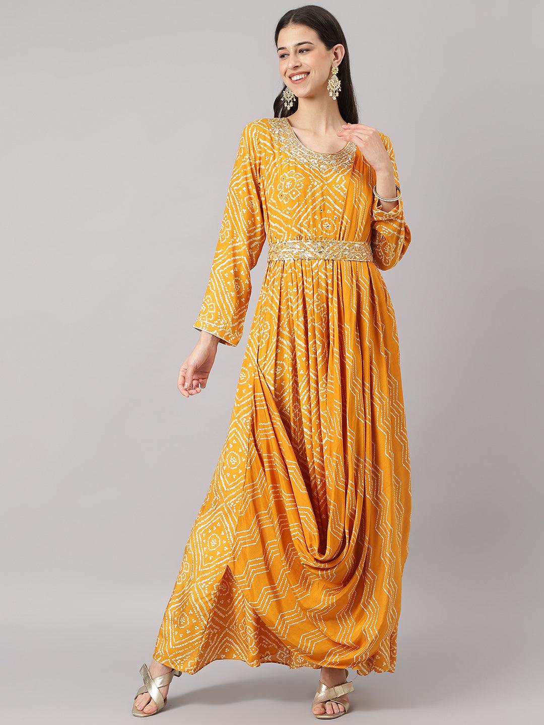 Mustard Bandhani Printed Muslin Zari Work Drape Style Flared Gown | LASVINI - Redefining Indian Fashion with Elegance