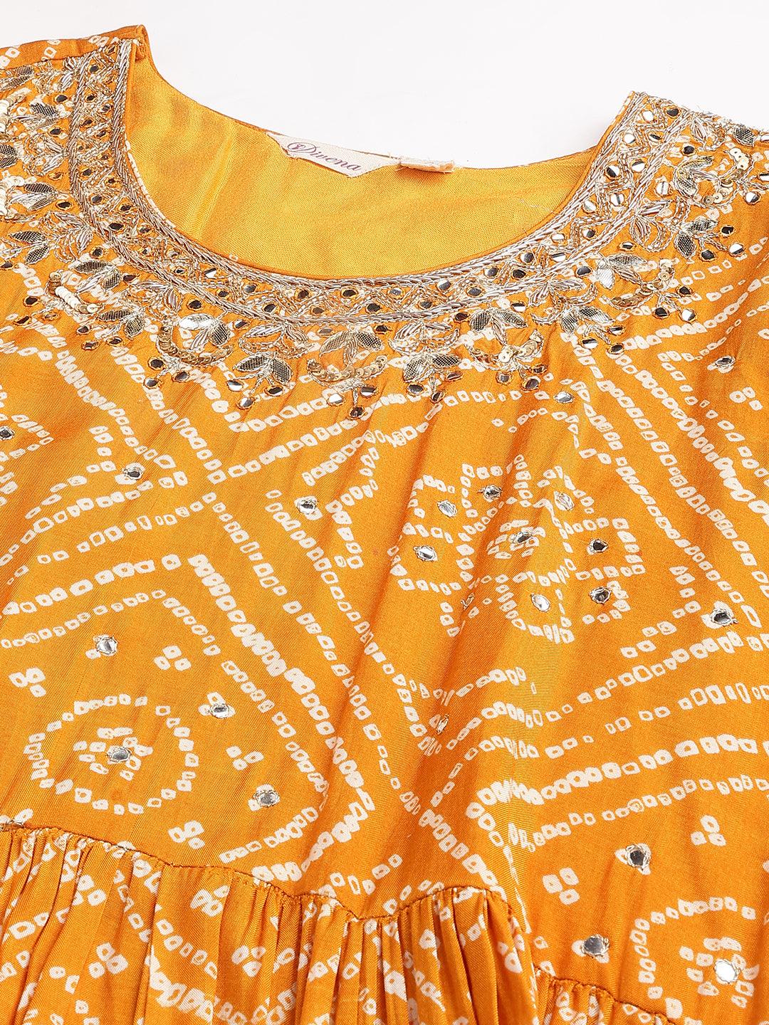 Mustard Bandhani Printed Muslin Zari Work Drape Style Flared Gown | LASVINI - Redefining Indian Fashion with Elegance