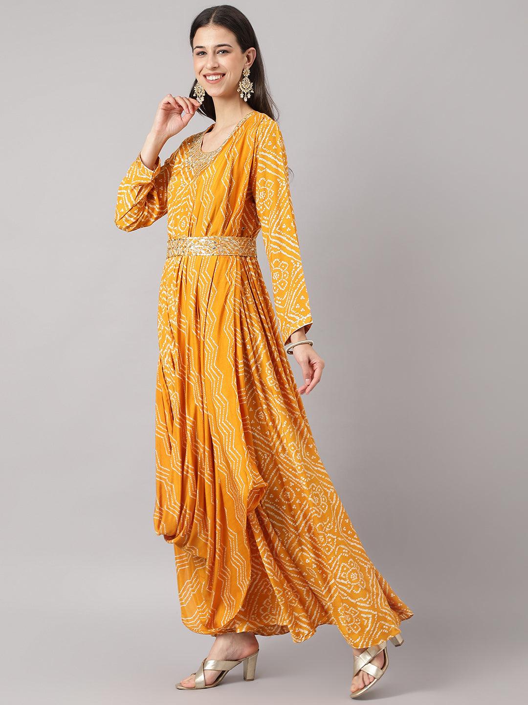 Mustard Bandhani Printed Muslin Zari Work Drape Style Flared Gown | LASVINI - Redefining Indian Fashion with Elegance