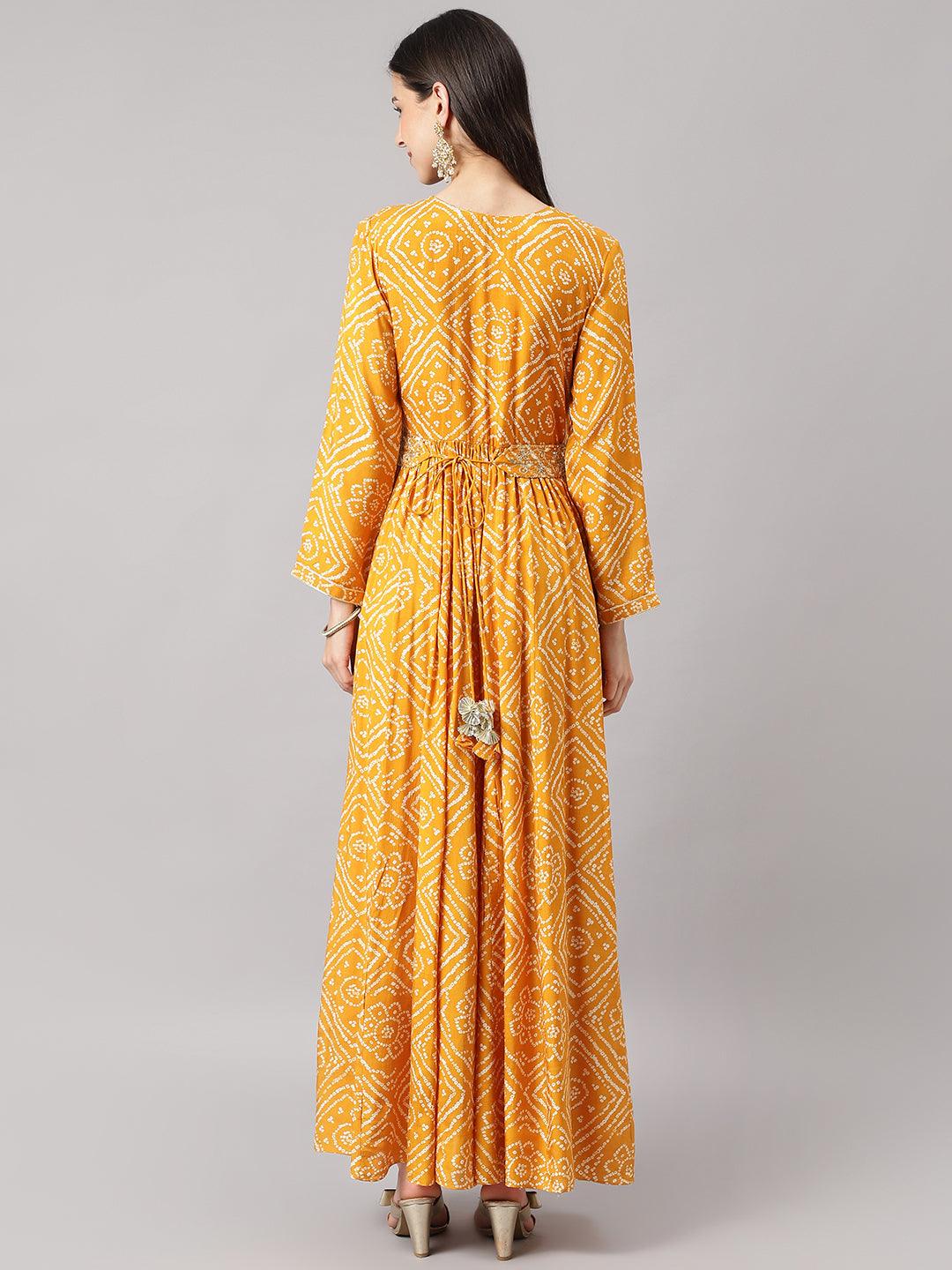 Mustard Bandhani Printed Muslin Zari Work Drape Style Flared Gown | LASVINI - Redefining Indian Fashion with Elegance