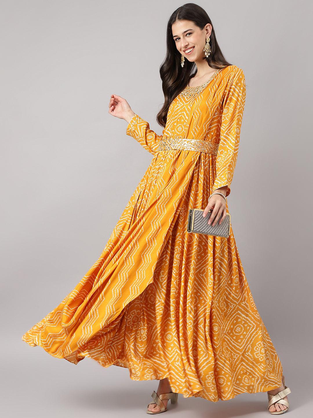 Mustard Bandhani Printed Muslin Zari Work Drape Style Flared Gown | LASVINI - Redefining Indian Fashion with Elegance