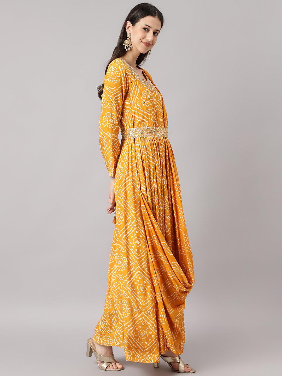 Mustard Bandhani Printed Muslin Zari Work Drape Style Flared Gown | LASVINI - Redefining Indian Fashion with Elegance