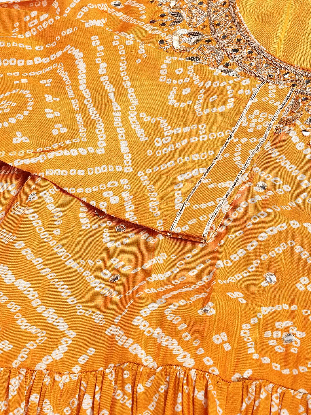 Mustard Bandhani Printed Muslin Zari Work Drape Style Flared Gown | LASVINI - Redefining Indian Fashion with Elegance