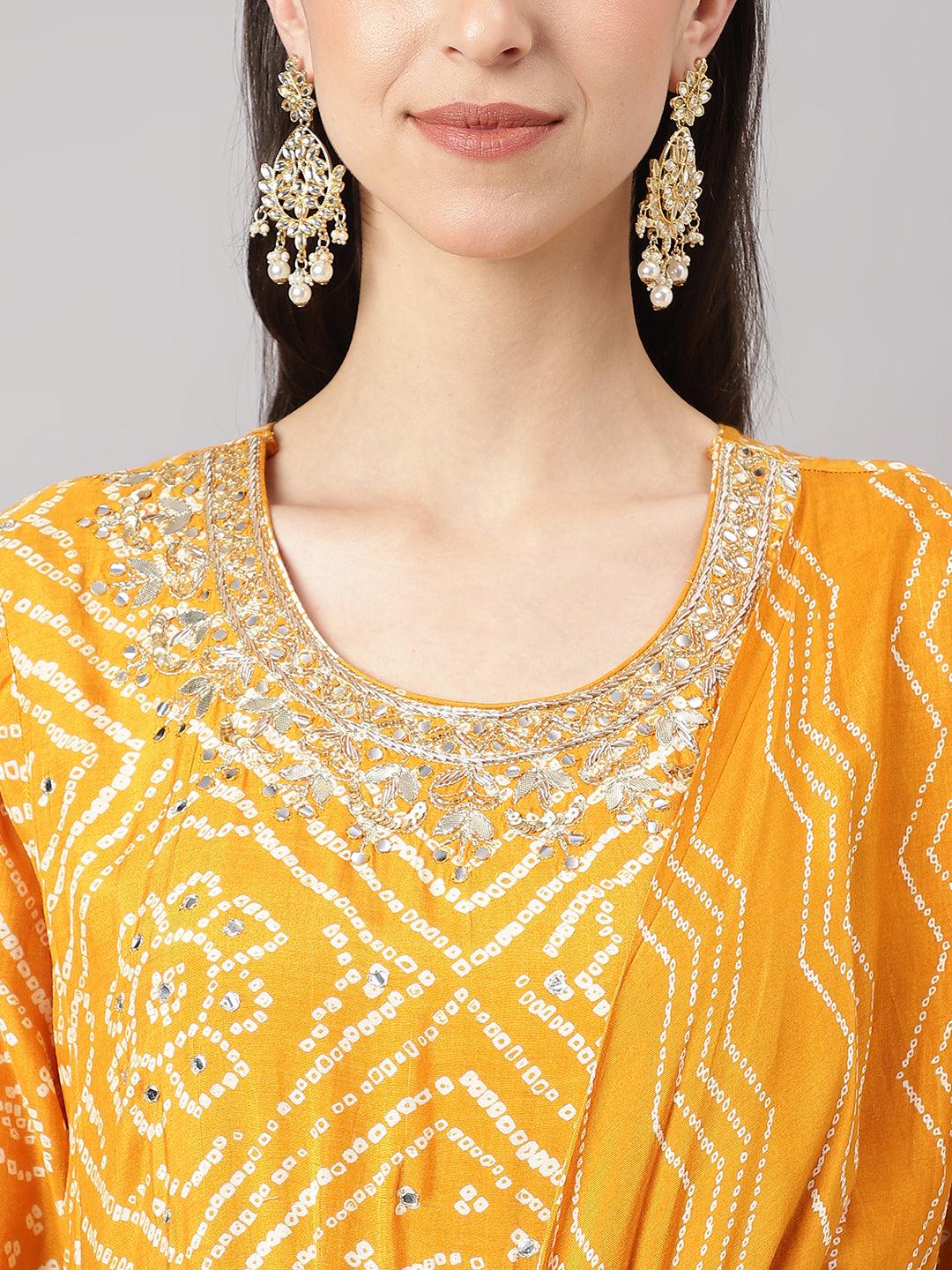 Mustard Bandhani Printed Muslin Zari Work Drape Style Flared Gown | LASVINI - Redefining Indian Fashion with Elegance