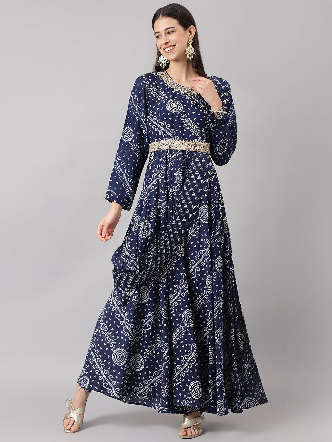 Navy Blue Bandhani Printed Muslin Zari Work Drape Style Flared Gown | LASVINI - Redefining Indian Fashion with Elegance
