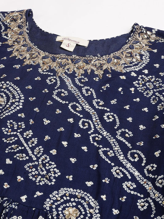 Navy Blue Bandhani Printed Muslin Zari Work Drape Style Flared Gown | LASVINI - Redefining Indian Fashion with Elegance