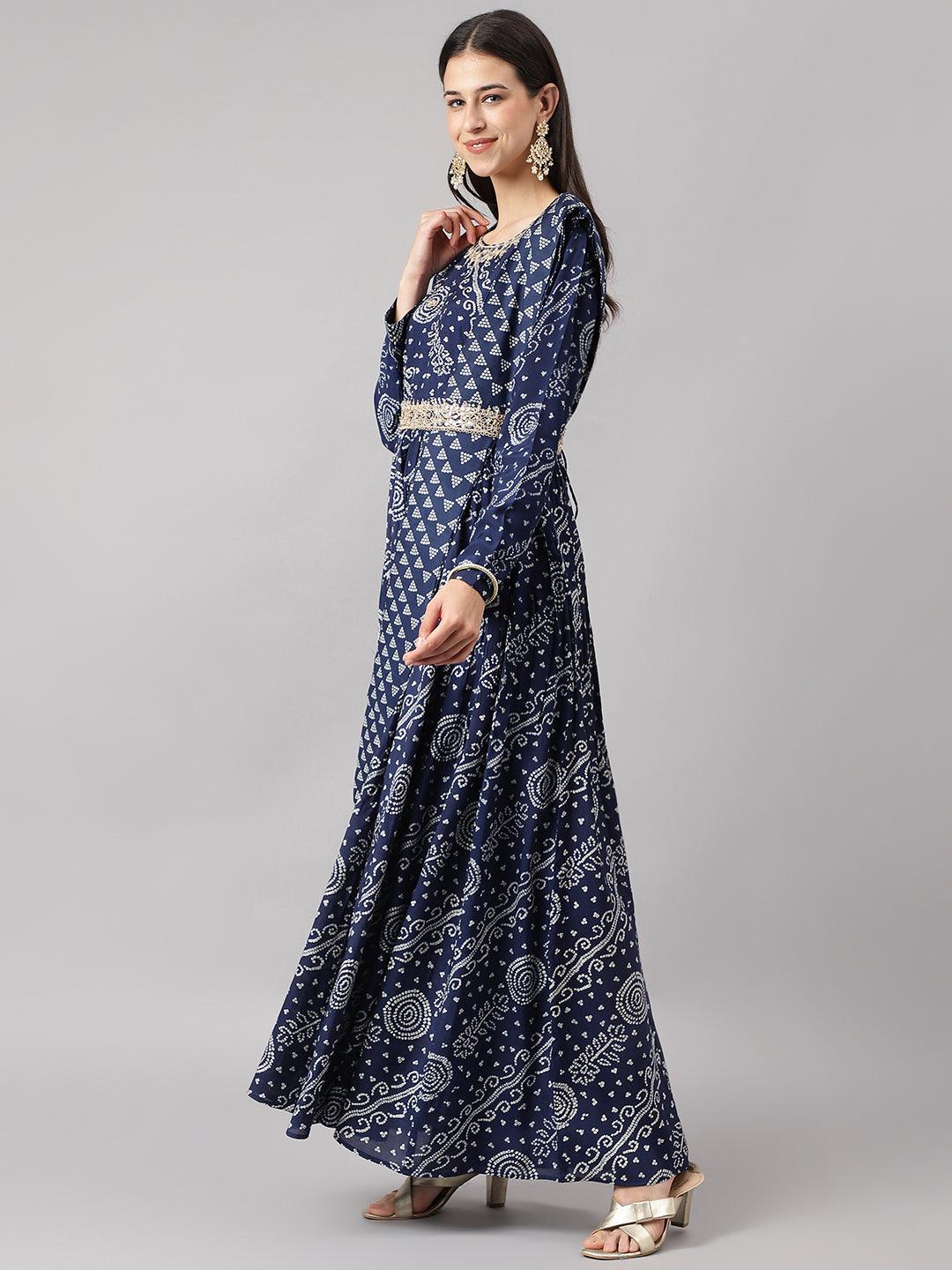 Navy Blue Bandhani Printed Muslin Zari Work Drape Style Flared Gown | LASVINI - Redefining Indian Fashion with Elegance