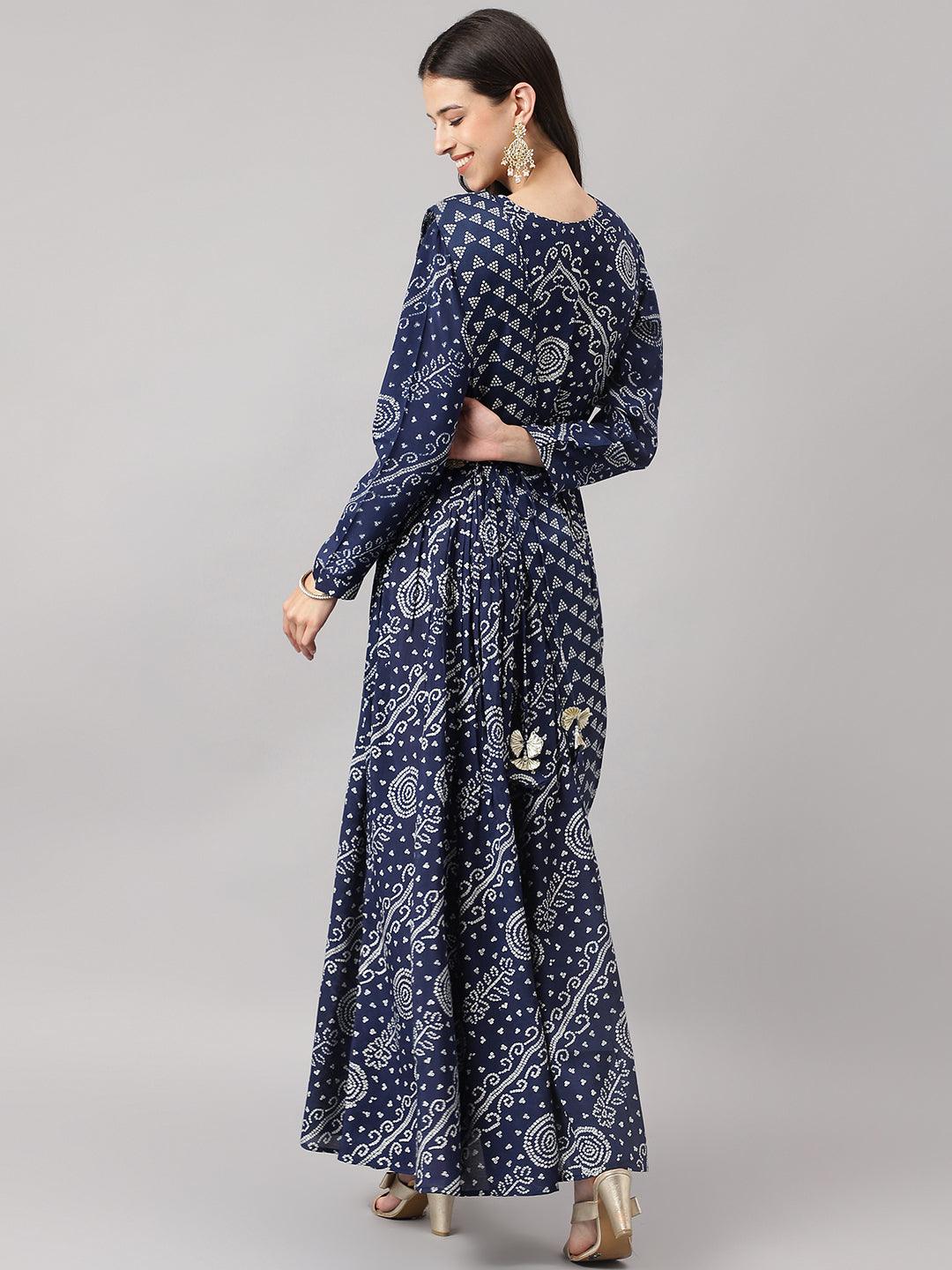 Navy Blue Bandhani Printed Muslin Zari Work Drape Style Flared Gown | LASVINI - Redefining Indian Fashion with Elegance