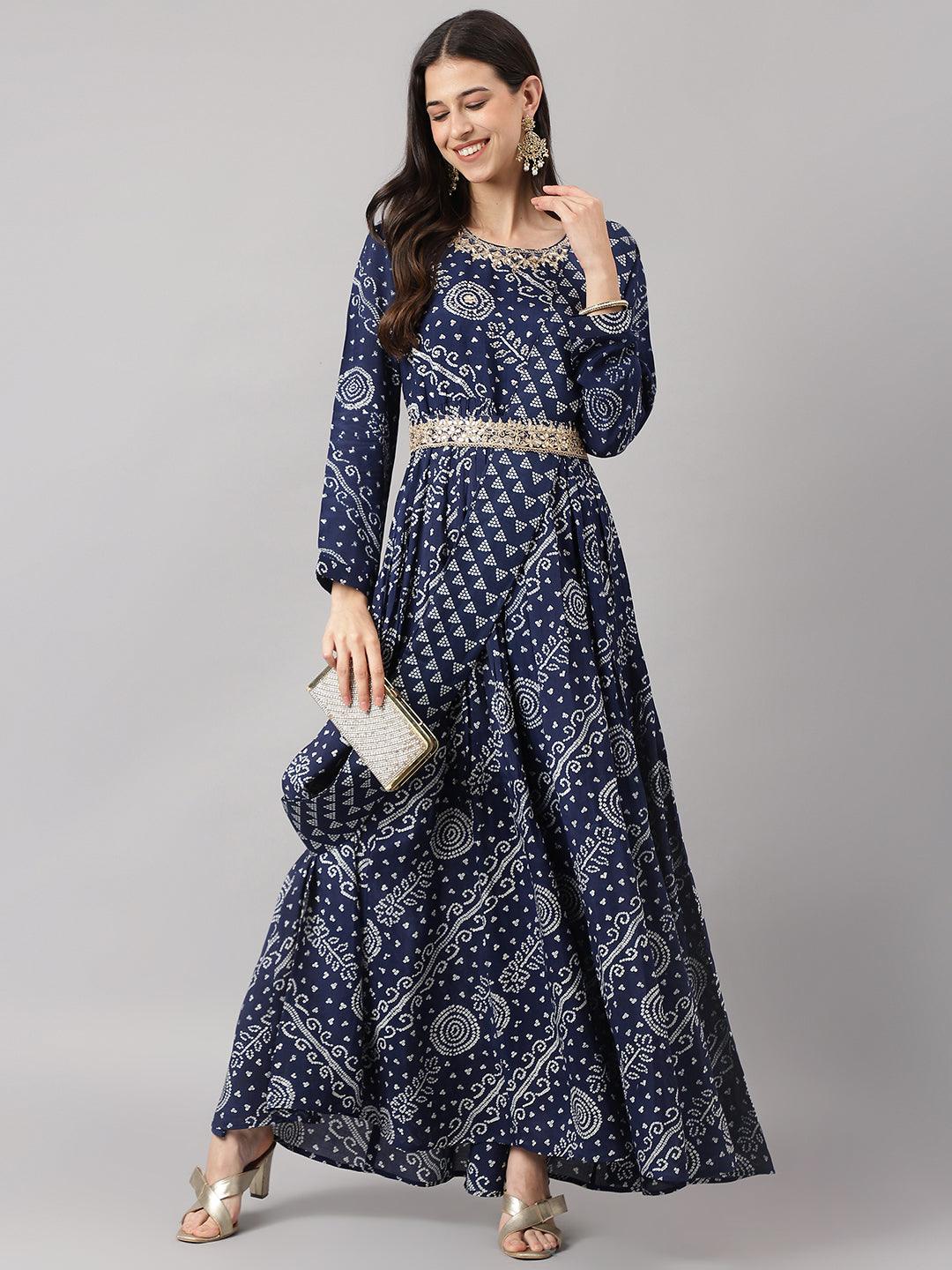 Navy Blue Bandhani Printed Muslin Zari Work Drape Style Flared Gown | LASVINI - Redefining Indian Fashion with Elegance